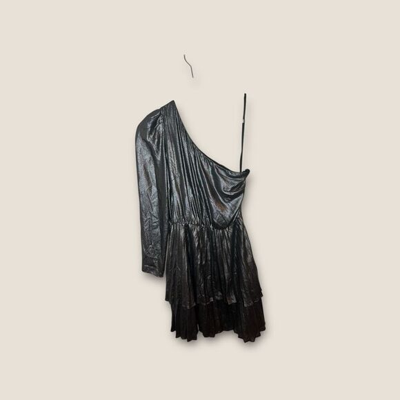 Derek Lam Silver Metallic One Shoulder Pleated Mini Dress Size Small (36) - Picture 1 of 6